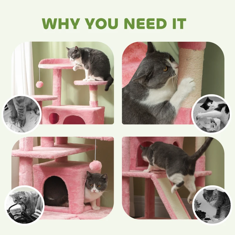 54" Cat Tree, Multi-Level Cat Tower with Scratching Posts, Cat Condos, Bed, Platforms, Ramp, Toy Ball