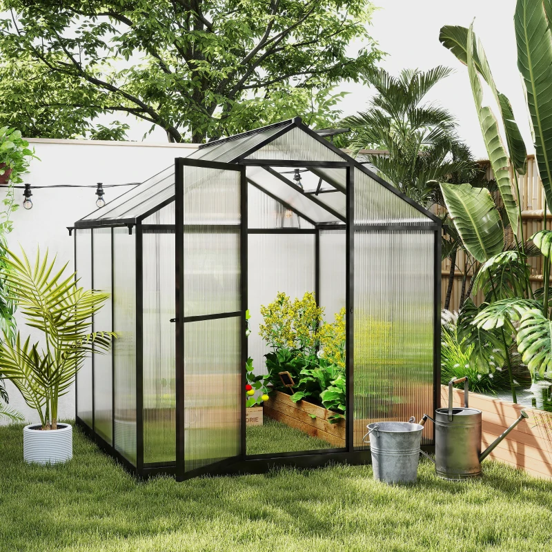  6' x 8' x 6.4' Polycarbonate Greenhouse, Aluminum Walk-In Green House Kit Garden, Plants Grow with Rain Gutter and Roof Vent