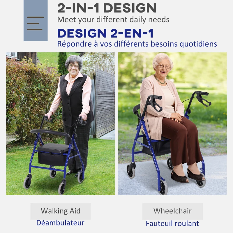 Folding Aluminum Rollator Walker with Adjustable Handle Height, Cushioned Flip Up Seat 