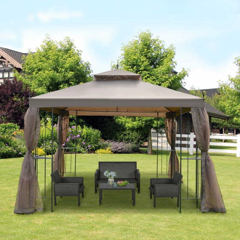 10' x 10' Steel Outdoor Patio Gazebo Canopy with Removable Mesh Curtains, Display Shelves, & Steel Frame