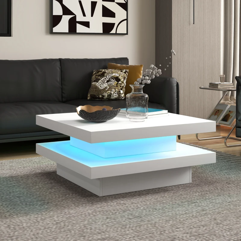 Square Coffee Table with 7 LED Lights and Remote, 2-Tier Modern Center Table