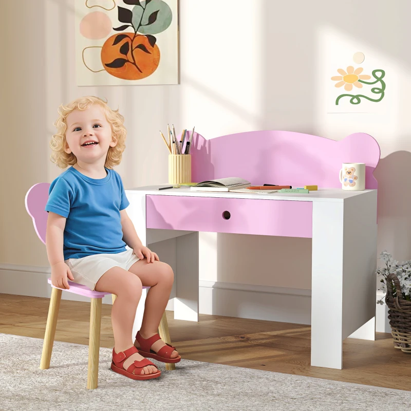Kids Desk and Chair Set with Drawer for Drawing, Reading, Bear Theme Children Furniture 