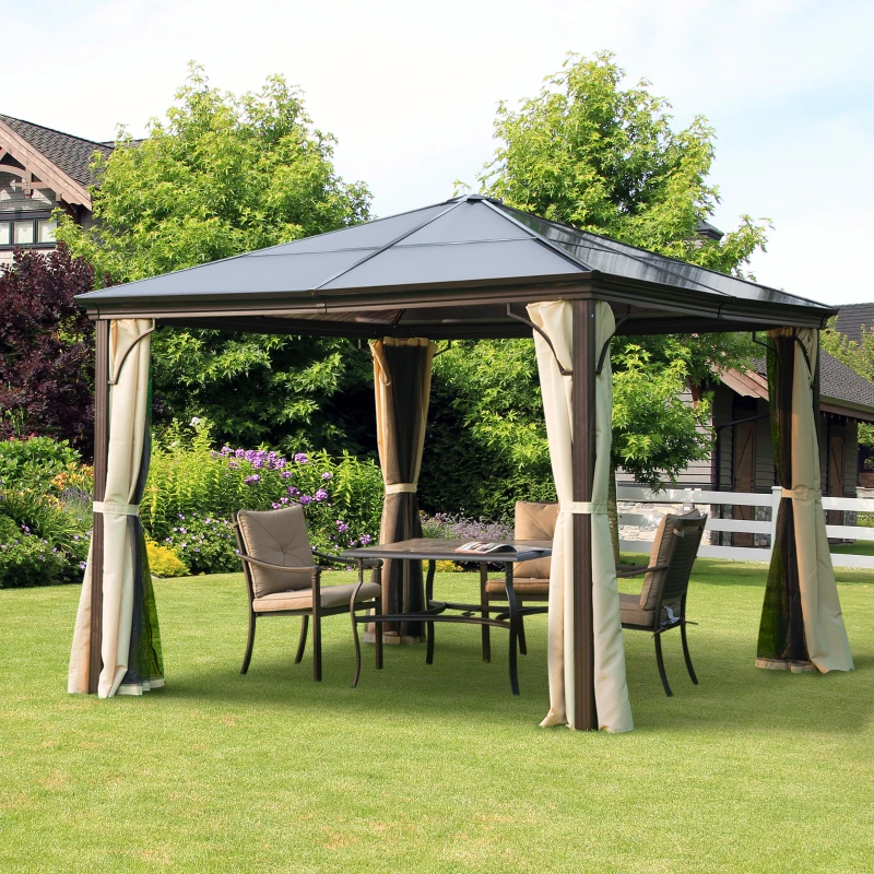  10 x 10 ft Hard Top Gazebo Canopy Heavy Duty Shelter Sun Shade w/ Curtain Beige, Coffee