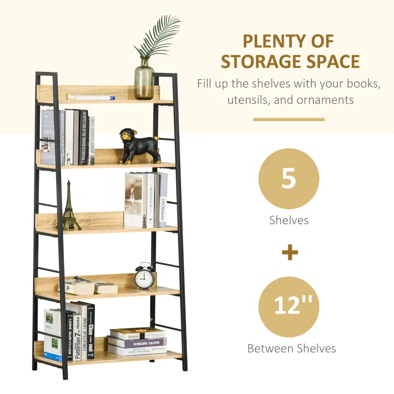 Modern Bookshelf Storage with 5-Tier Wide Shelving, Metal Frame, Wooden Bookcase