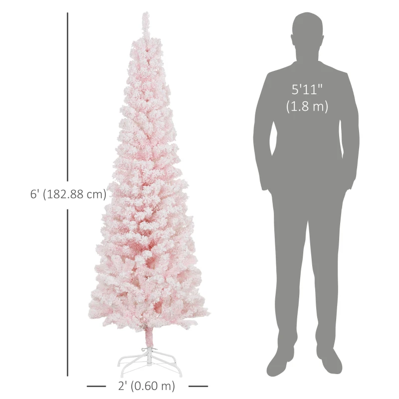  6ft Flocked Christmas Tree, Pencil Christmas Tree with Realistic Branch Tips, Folding Metal Stand, Pink