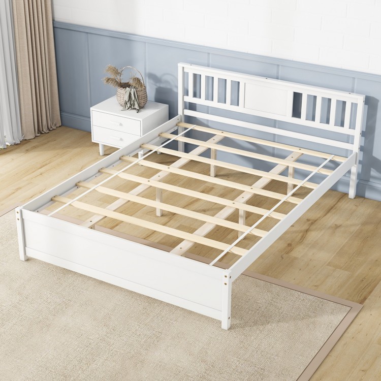 Queen/Full/Twin  Wooden Platform Bed with Headboard and Wood Slat Support White