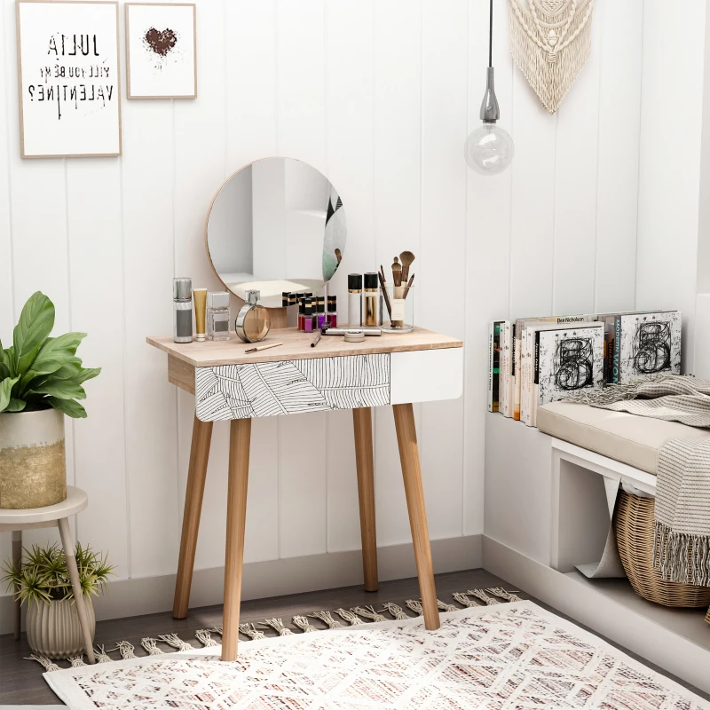 Vanity Desk with Mirror, Makeup Vanity with Drawer and Height Adjustable Mirror