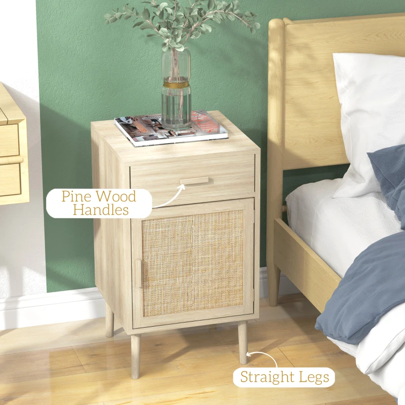Bedside Tables Set of 2, Nightstands with Drawer, Rattan Cabinet, Adjustable Shelf