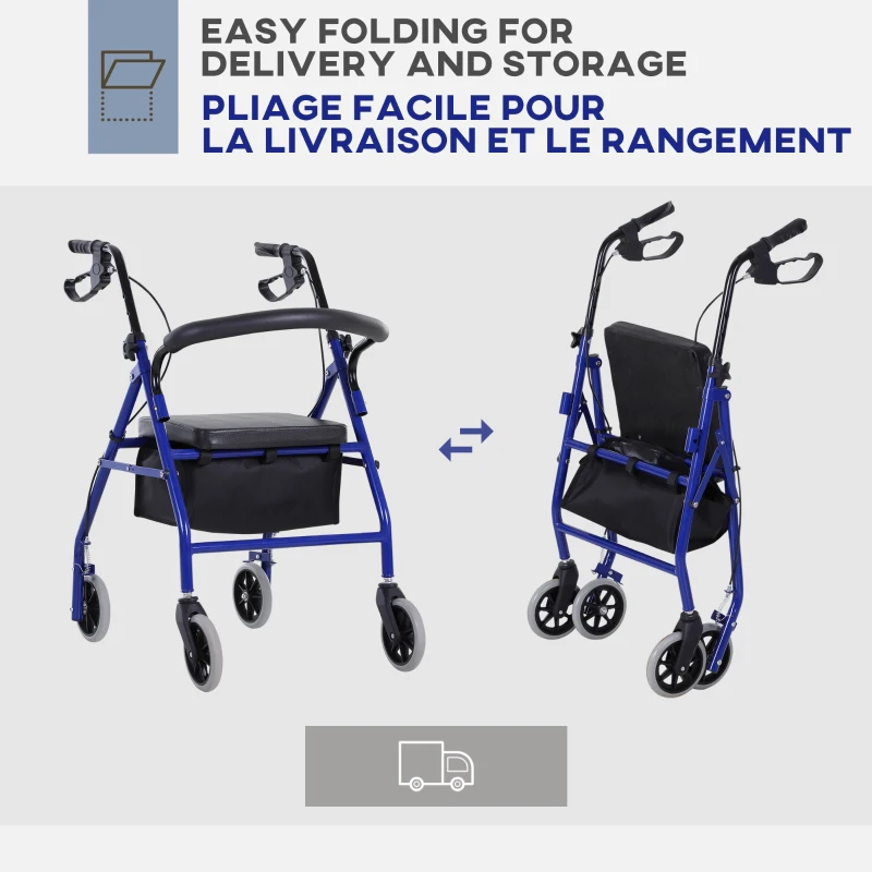 Folding Aluminum Rollator Walker with Adjustable Handle Height, Cushioned Flip Up Seat 