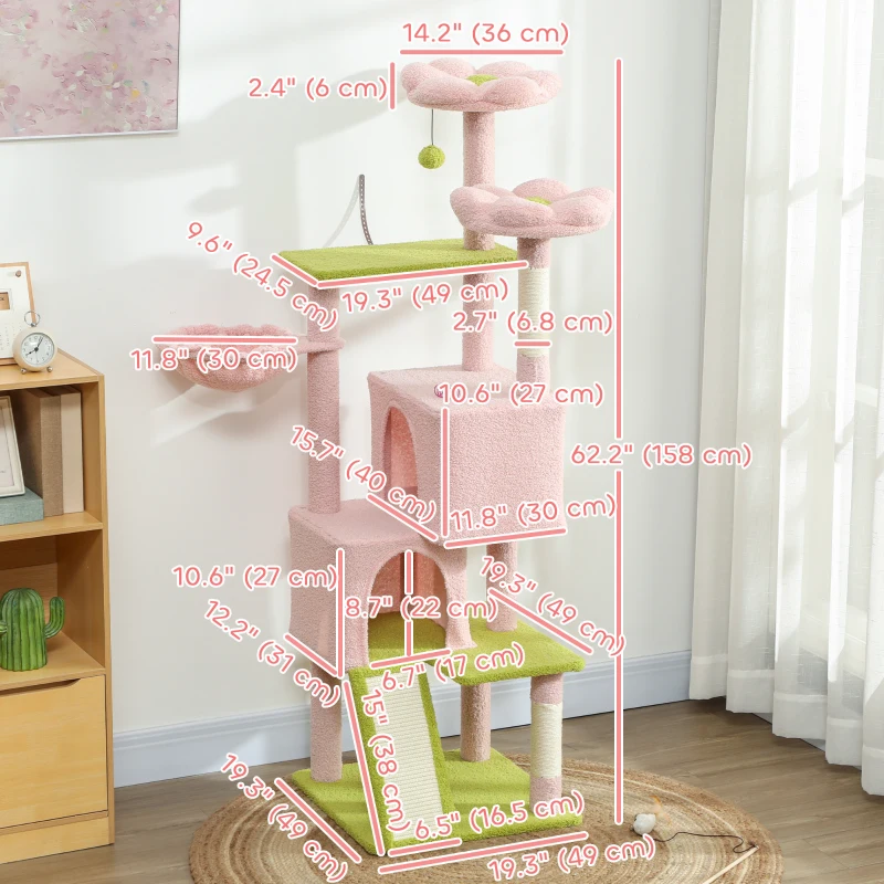 Flower Cat Tree with Sisal Scratching Posts, Multi-Level Cat Tower, Pink