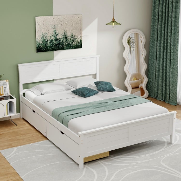 Full Size Bed Frame with Storage Drawers and Solid Wood Headboard
