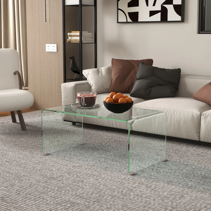 Glass Coffee Table, Clear Coffee Table for Living Room, Modern Rectangle Center Table with Safe Rounded Edges