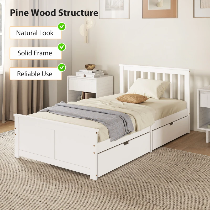  Pine Twin Bed Frame, Wood Storage Bed Frame with Drawers, Wood Slat Support, No Box Spring Needed