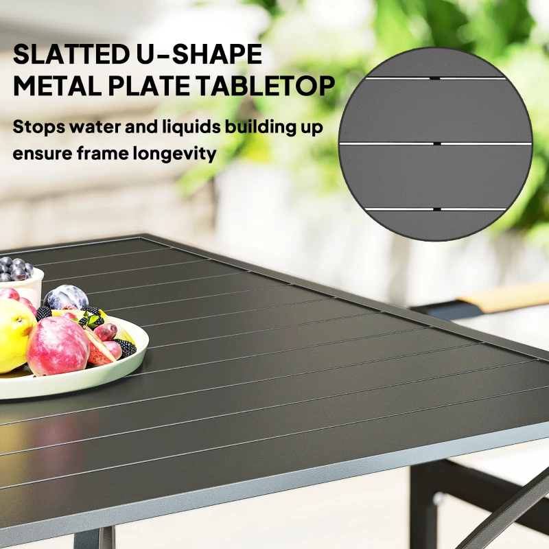 Square Outdoor Patio Dining Table, Garden Table with Umbrella Hole, Slatted Metal Top