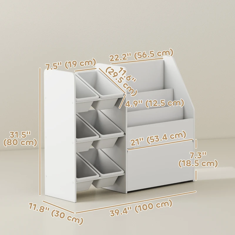 Kids Bookshelf and Toy Storage, 3-Tier Bookcase with 6 Removable Bins and Box for Toddler Nursery Playroom