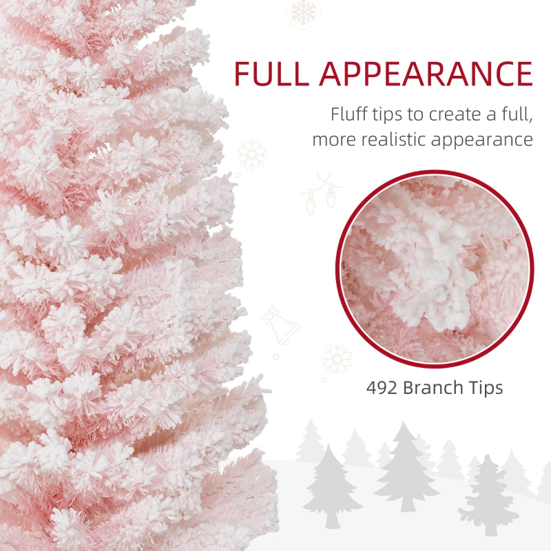  6ft Flocked Christmas Tree, Pencil Christmas Tree with Realistic Branch Tips, Folding Metal Stand, Pink