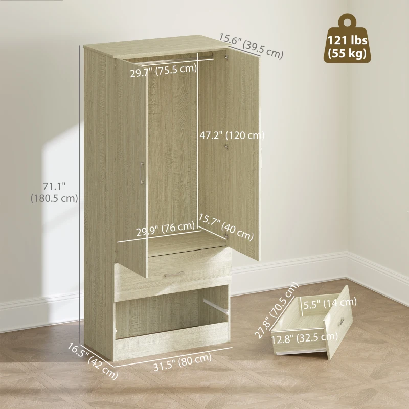 Wardrobe Closet Armoire with Hanging Rod and 2 Doors, Clothes Storage Organizer with 2 Drawers