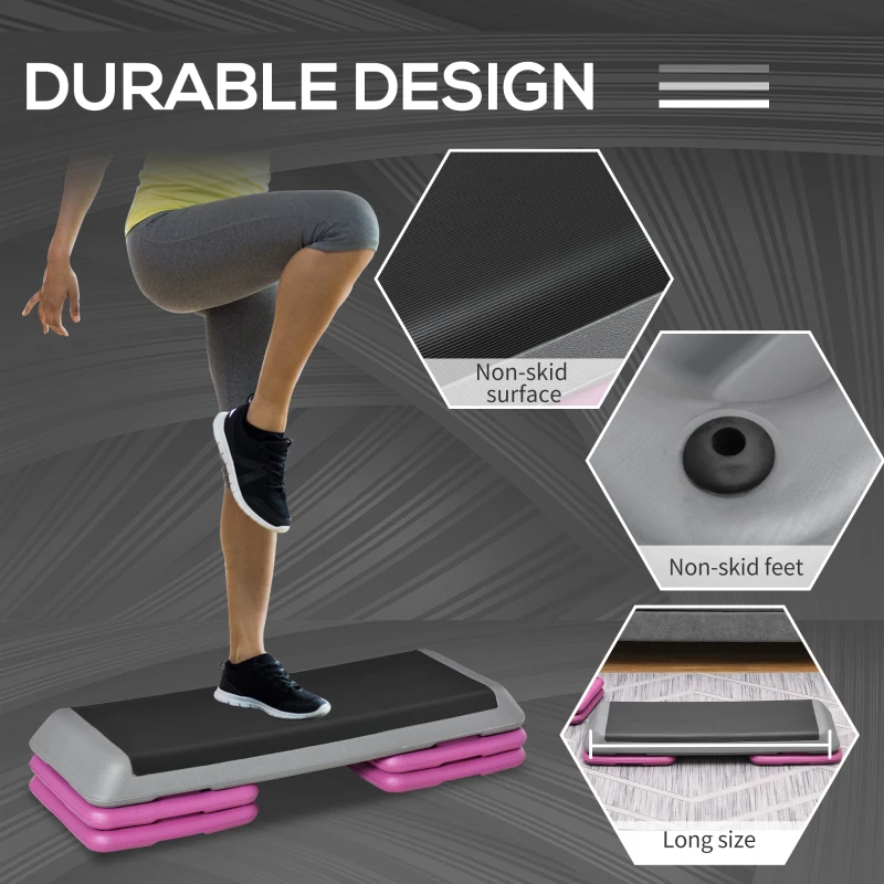 43" Adjustable Aerobic Platform Stepper 3 Level with Risers 4” 6” 8” Cardio Fitness Trainer Workout Step Home Gym Exercise, Black Purple