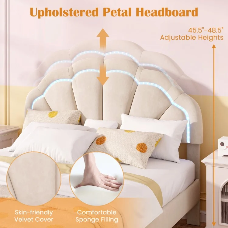 Full/Queen/Twin LED Bed Frame with Adjustable Flower Headboard and Metal Support Feet