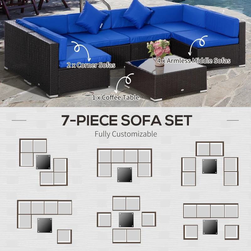  7 Pieces Outdoor Rattan Furniture Set, Patio Wicker Sectional Conversation Sofa Set, Blue