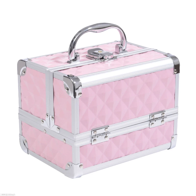 3 Tier Diamond Texture Makeup Case Train Case Cosmetic Organizer with Mirror