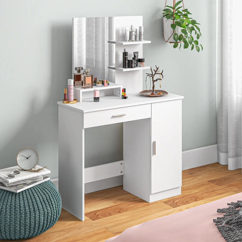 Dressing Table, Vanity Table with Mirror, Drawer and Storage Shelves for Bedroom