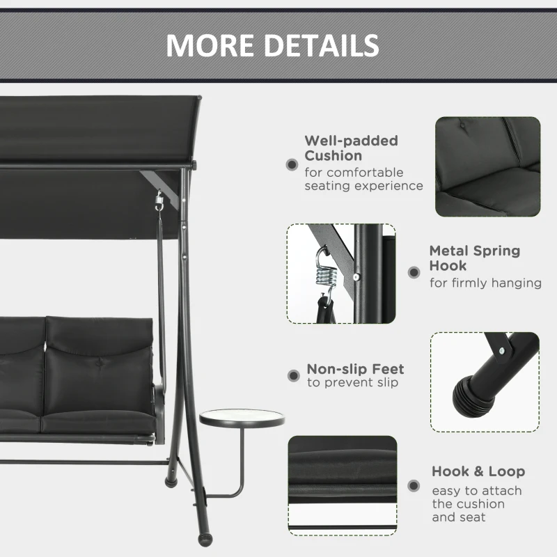 3 Seat Outdoor Swing Chair Steel Swing Bench Porch Swing With Adjustable Canopy & Coffee Tables & Cushion