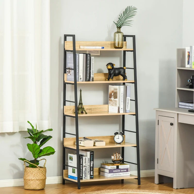Modern Bookshelf Storage with 5-Tier Wide Shelving, Metal Frame, Wooden Bookcase