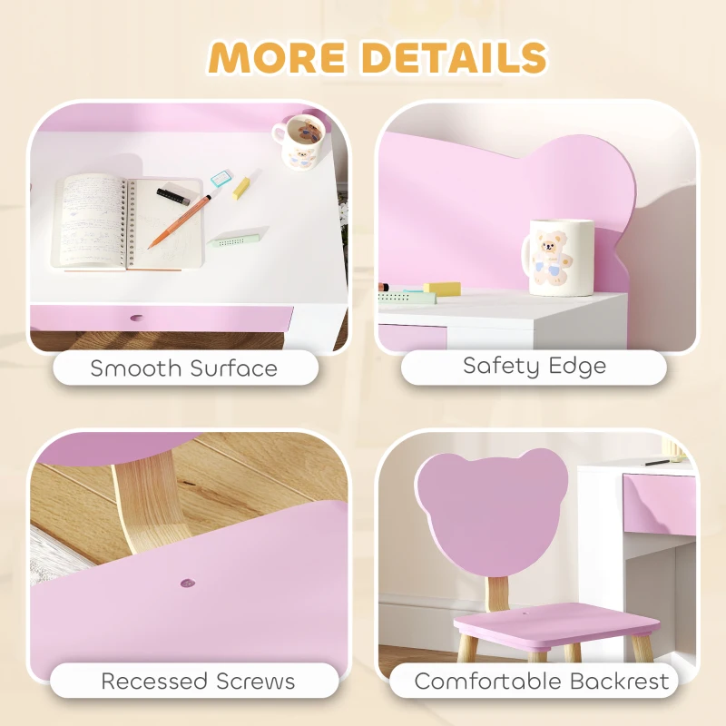 Kids Desk and Chair Set with Drawer for Drawing, Reading, Bear Theme Children Furniture 