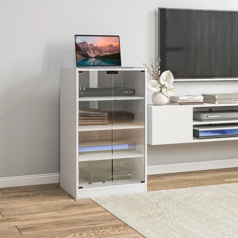 5-Tier AV Media Stand with Push to Open Glass Doors, Audio-Video Storage Cabinet with Adjustable Shelves