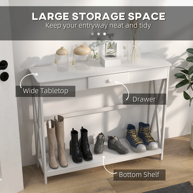  39" Console Table, 2 Tier X-Design Narrow Entryway Table with Drawer and Storage Shelf for Behind Couch