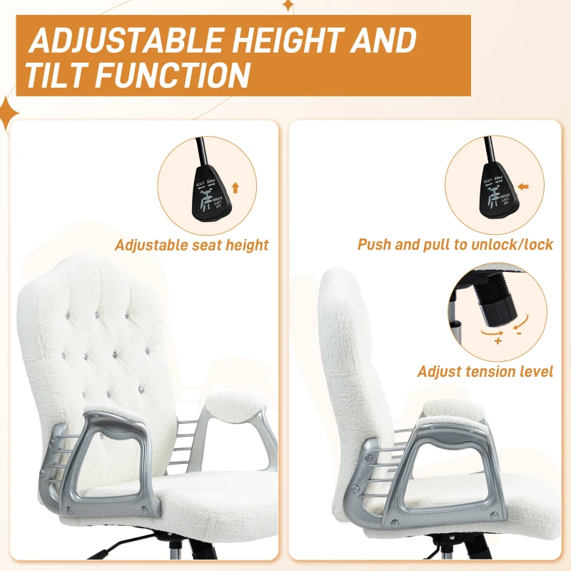 Teddy Fleece Computer Chair, Button Tufted Desk Chair with Swivel Wheels, Adjustable Height