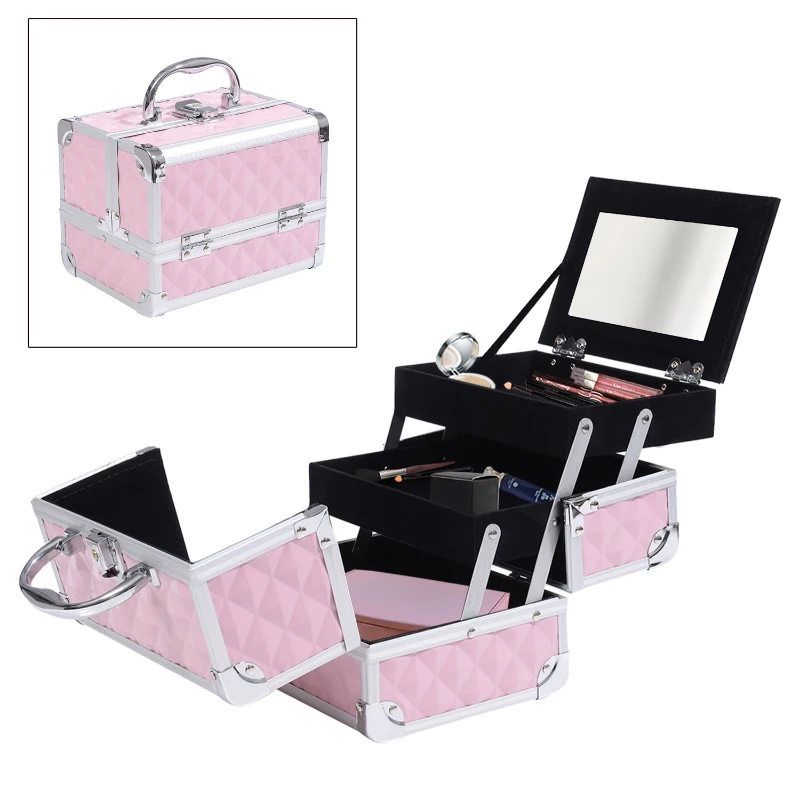 3 Tier Diamond Texture Makeup Case Train Case Cosmetic Organizer with Mirror