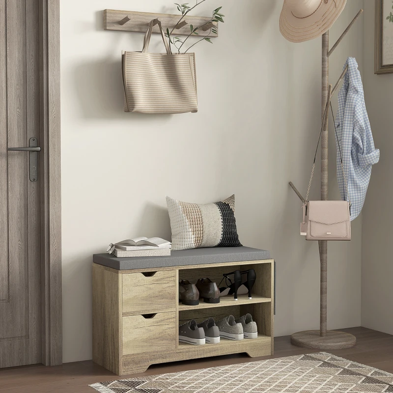 Upholstered Shoe Storage Bench w/ Seat, Entrance Bench w/ Drawer Open Shelves and Pocket