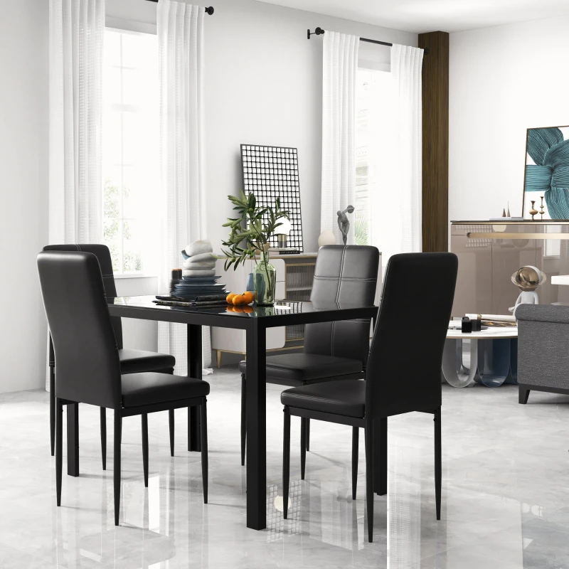 5-Piece Rectangular Glass Kitchen Table and Chairs with Metal Frame and Faux Leather Upholstery 