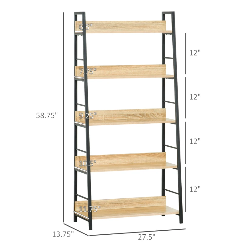 Modern Bookshelf Storage with 5-Tier Wide Shelving, Metal Frame, Wooden Bookcase