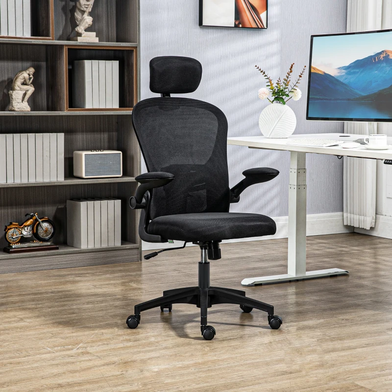 Office Chair, Mesh Computer Desk Chair with Adjustable Headrest, 4D Lumbar Support, Flip-up Arm