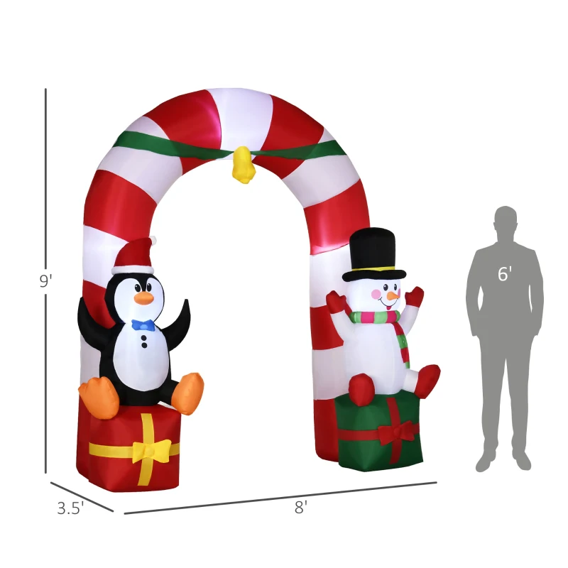 9ft Christmas Inflatable Candy Cane Archway with Penguin Snowman Sit on Gift Box, Blow-Up Outdoor LED Yard Display 