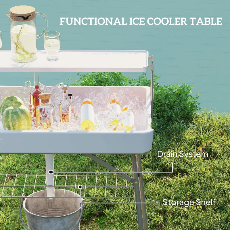 3.5ft Folding Ice Cooler Table with Drain, 2-Tier Outdoor Patio Party Cooler, Fishing Cleaning Table with Storage Shelf