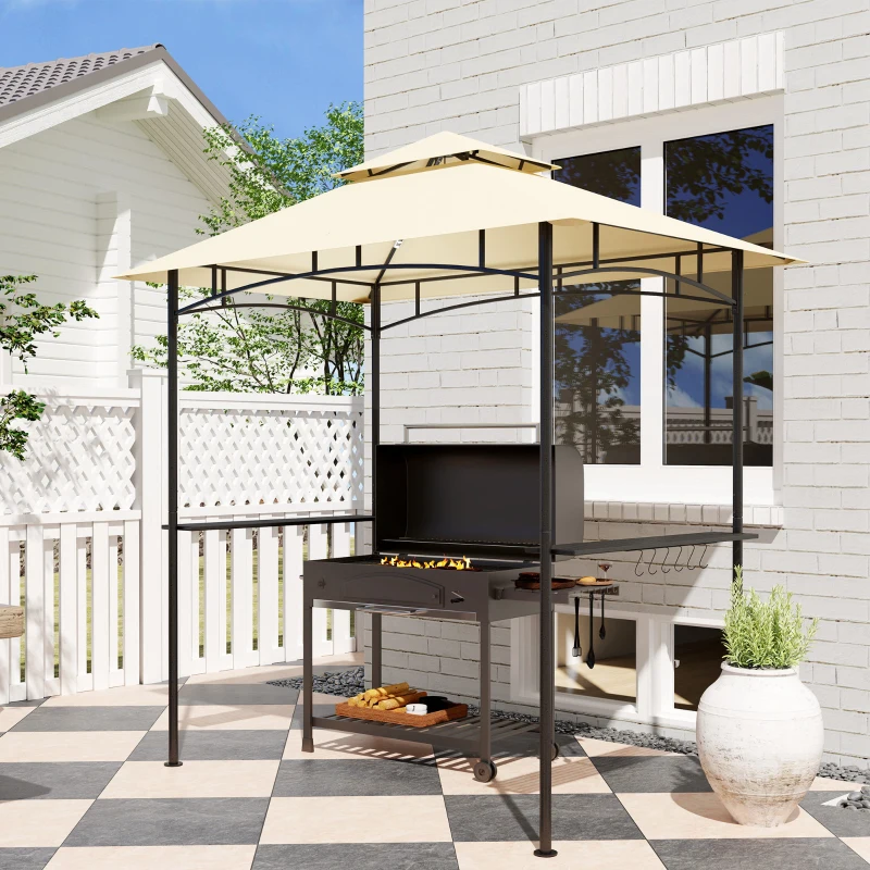  8' x 5' Outdoor Grill Gazebo, Double Tiered Barbecue Grill Gazebo Shelter with 2 Side Shelves, Hooks