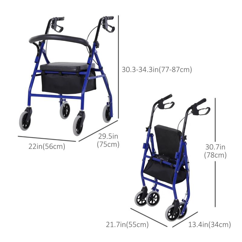 Folding Aluminum Rollator Walker with Adjustable Handle Height, Cushioned Flip Up Seat 