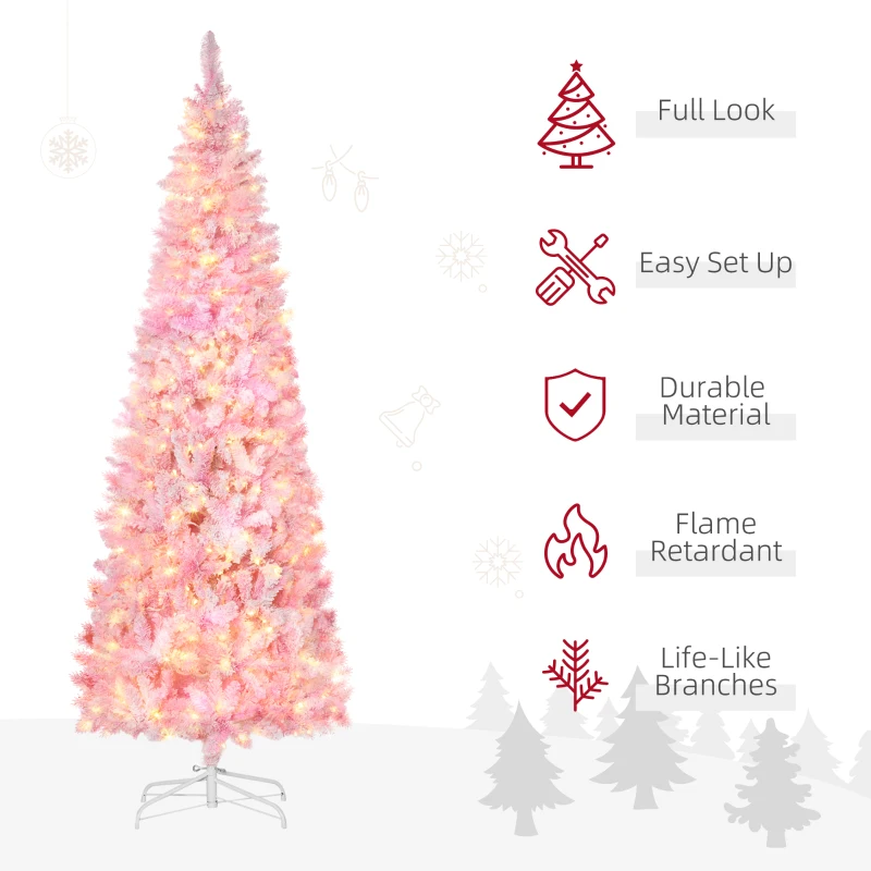  7.5 Foot Prelit Snow Flocked Artificial Christmas Tree with Pencil Shape, 700 Pine Realistic Branches, Warm White LED lights, Auto Open