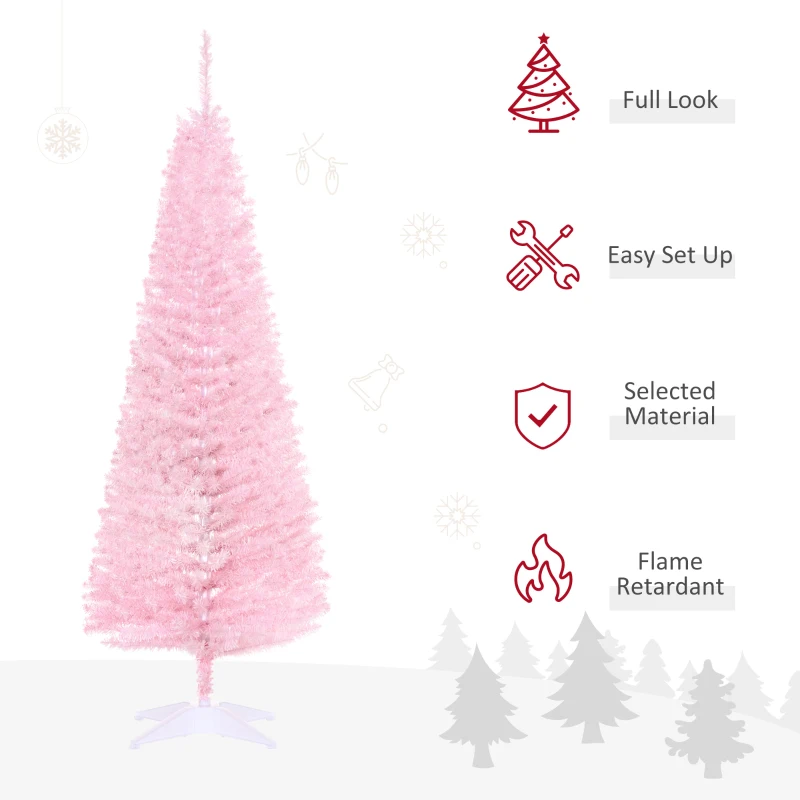  5FT Artificial Christmas Tree, Pencil Christmas Tree with Realistic Branches, Stable Stand, Pink
