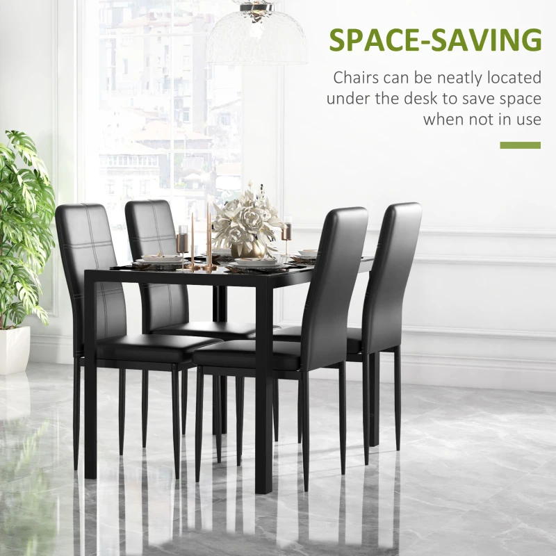 5-Piece Rectangular Glass Kitchen Table and Chairs with Metal Frame and Faux Leather Upholstery 