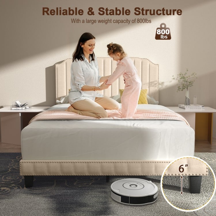 Twin-Full-Queen Size Heavy Duty Upholstered Bed Frame with Rivet Headboard