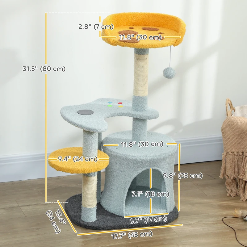 Cat Tree for Indoor Cats, 31.5 inch Cat Tower with Plush Perch, Platform, Condo, Scratching Post and Toy Ball