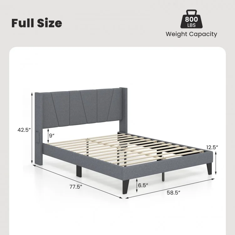 Full/Queen Size Bed Frame with Wingback Headboard and Wood Slat Support