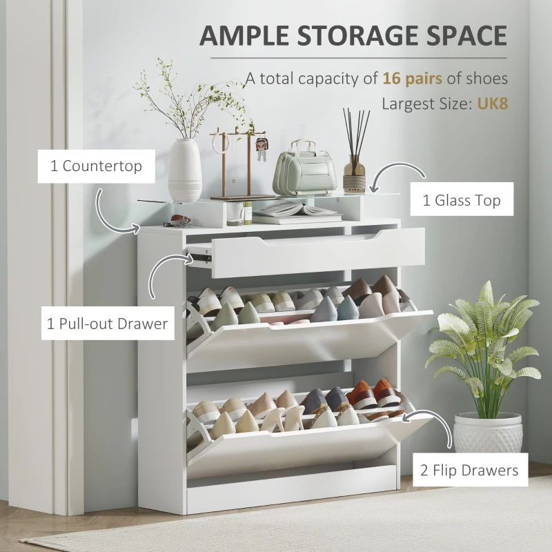 High Gloss Shoe Cabinet with 2 Flip Drawers and Adjustable Shelves, Narrow Shoe Storage Cabinet with Glass Top