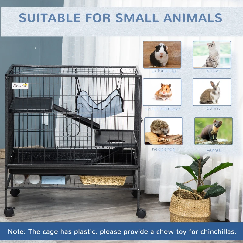 Small Animal Cage with Hammock, 3-Tier Ferret Cage Removable Tray