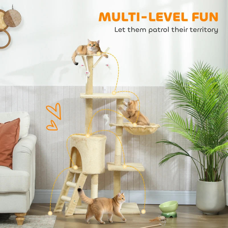 53" Cat Tree Tower, Kitten Activity Centre with Scratching Posts, Condo, Perches, Ladder, Hammock, Dangling Toys